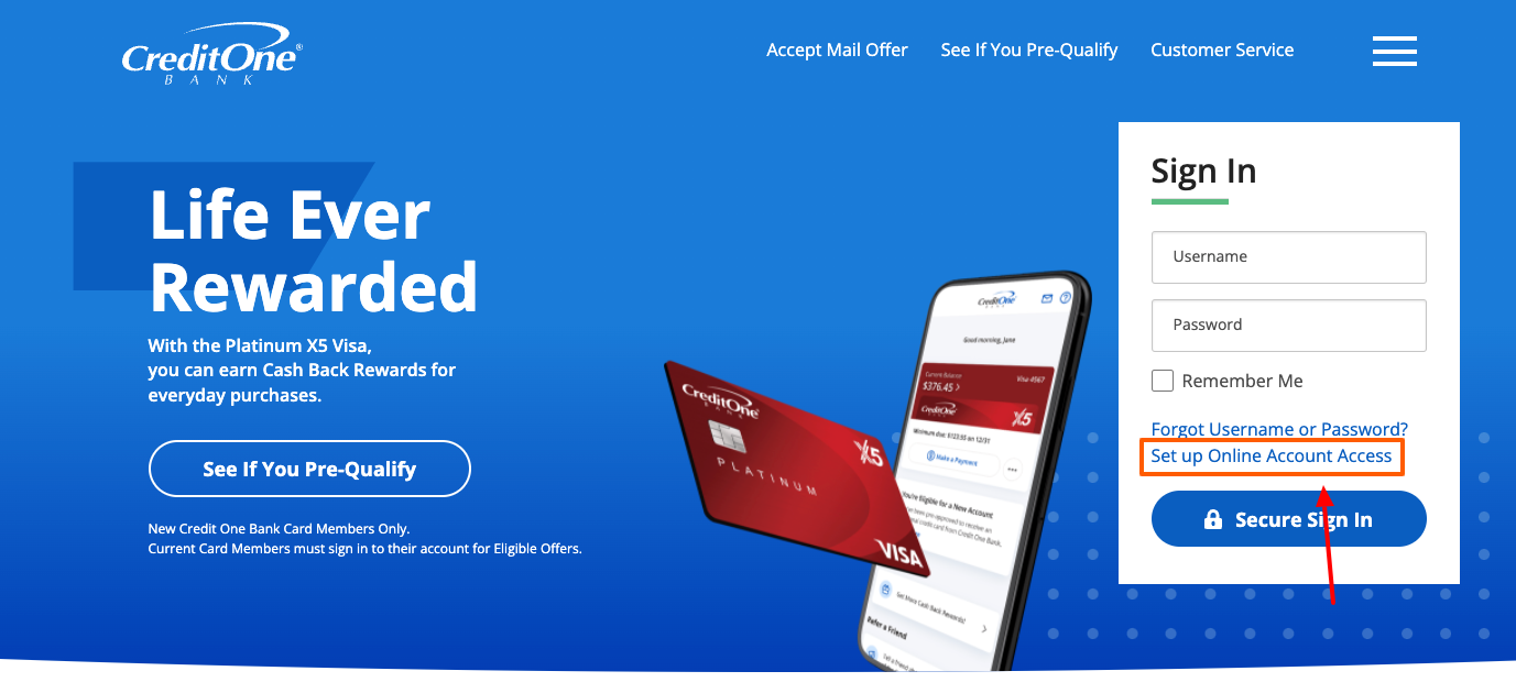 credit one card set up